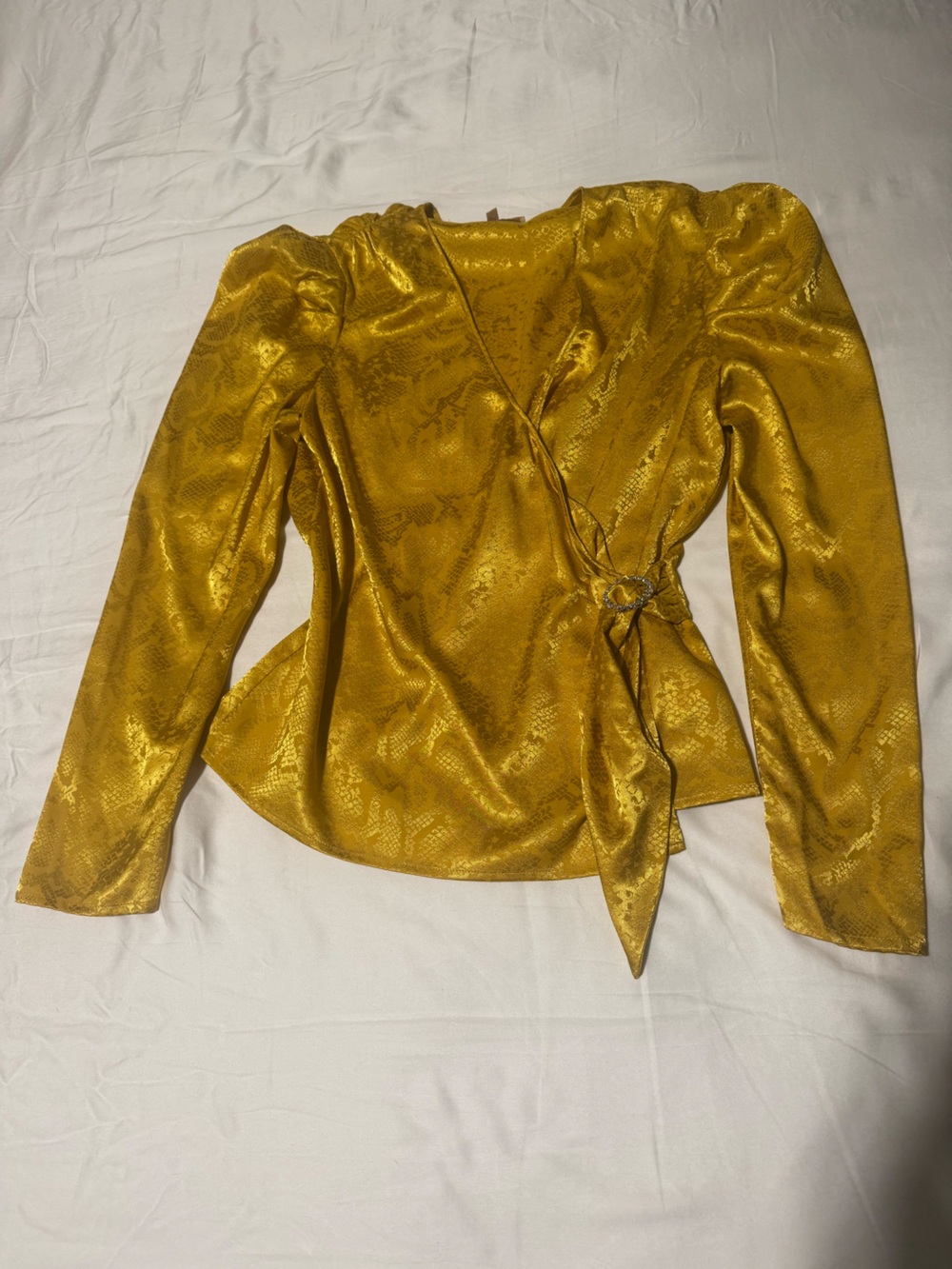 WAYF brand gold snake print satin blouse with rhinestone buckle